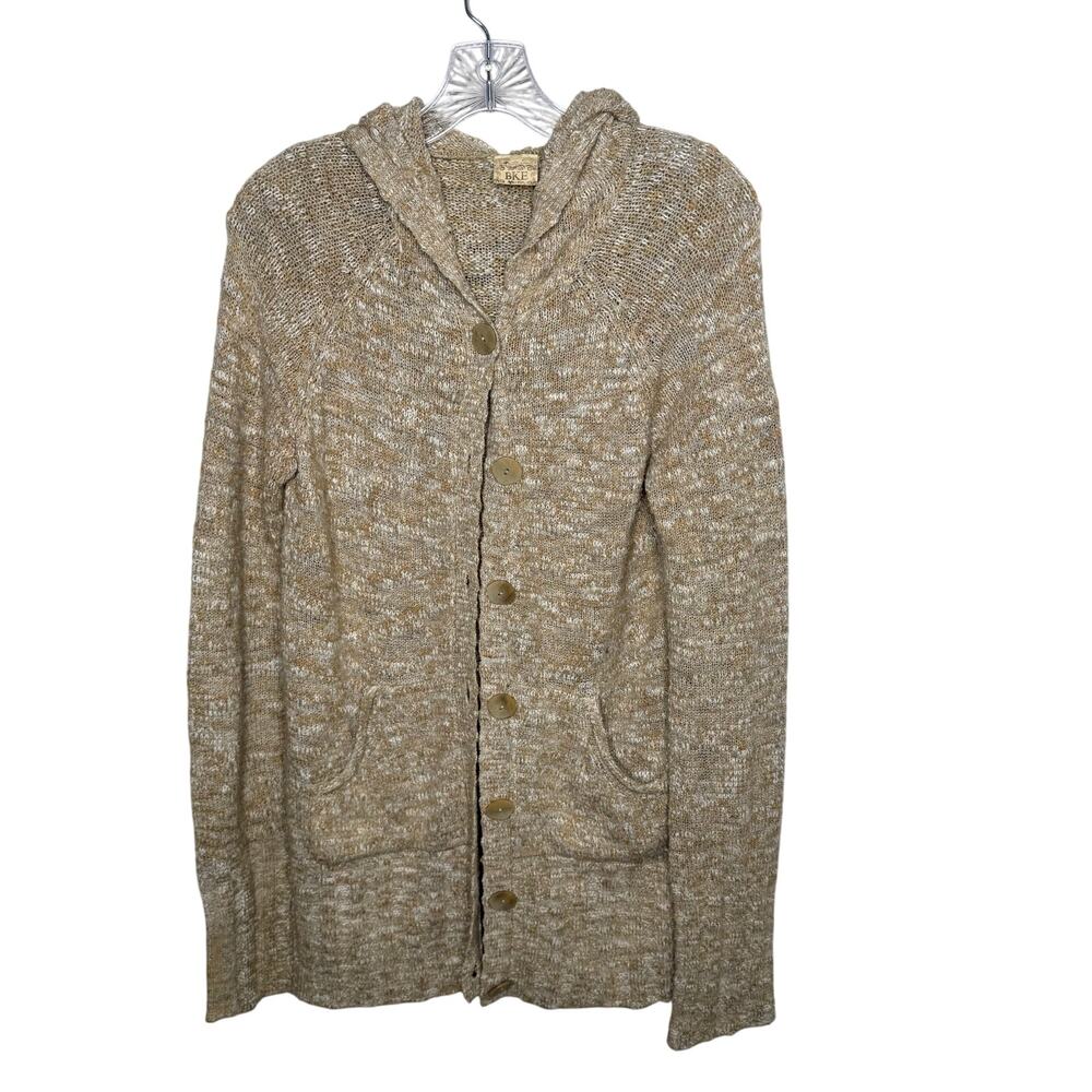 BKE Women’s Beige Marled Knit Hooded Cardigan Sweater Button Front Pockets
